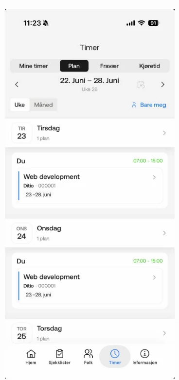 Ditio app: the plan tab in week view with your own plans and start and end dates