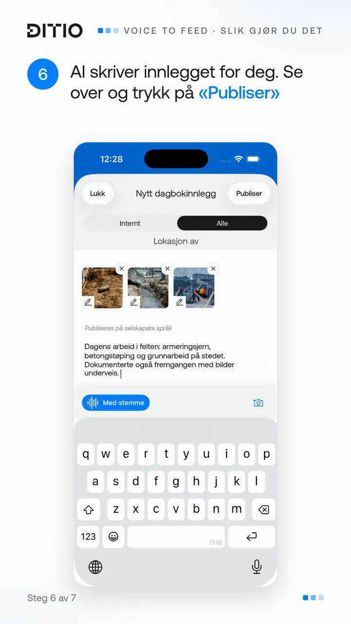 Voice to Feed – kontroller innholdet før publisering (steg 6)